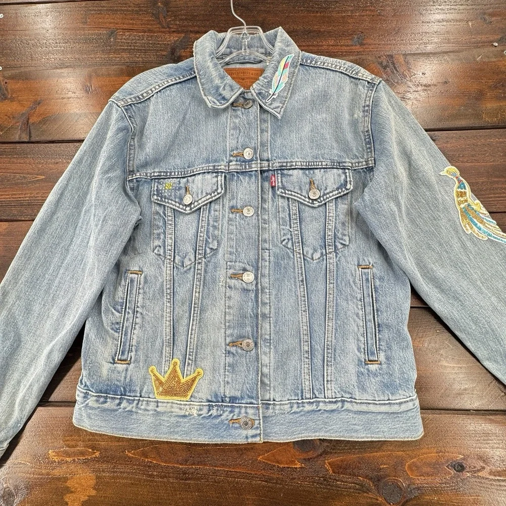 Levi's Premium Custom Embroidered Sequined‎ Patch Trucker Jacket Women's S/M